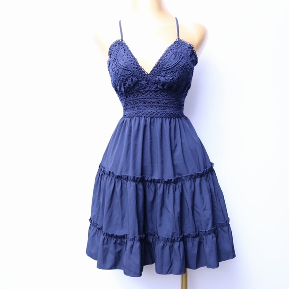 Navy Blue Spaghetti Strap Ruffle Mini Dress with Bow back, Small - Picture 2 of 12